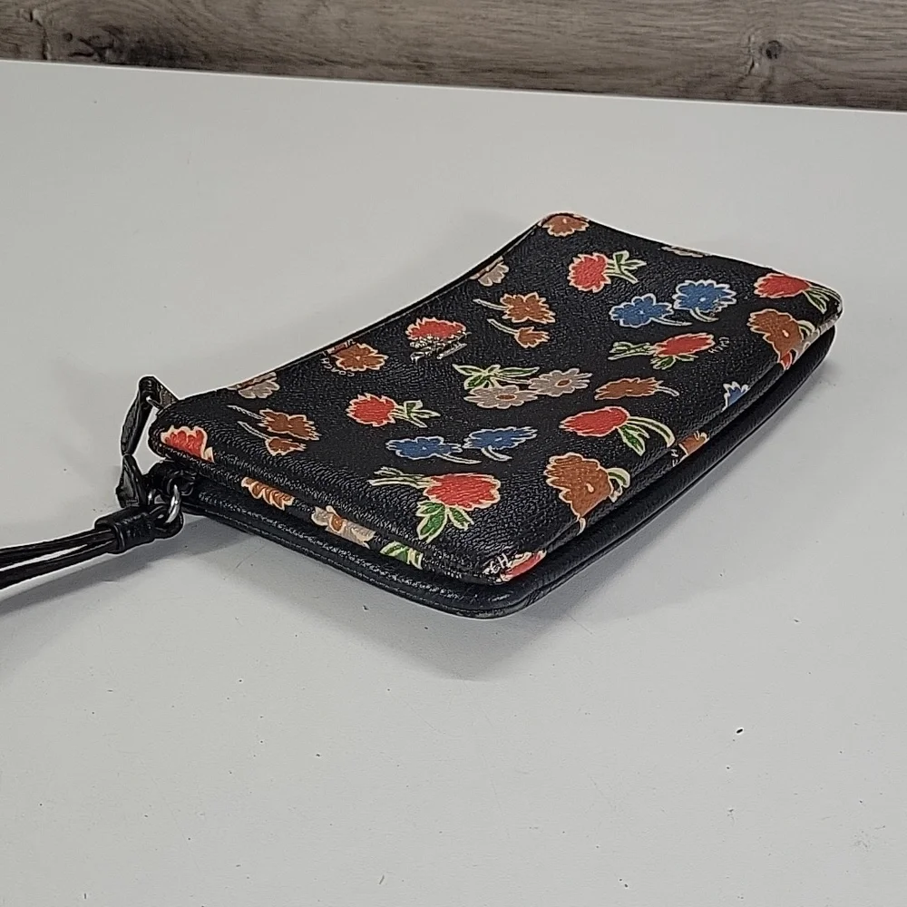 Coach Black Floral Leather Zip Wristlet
